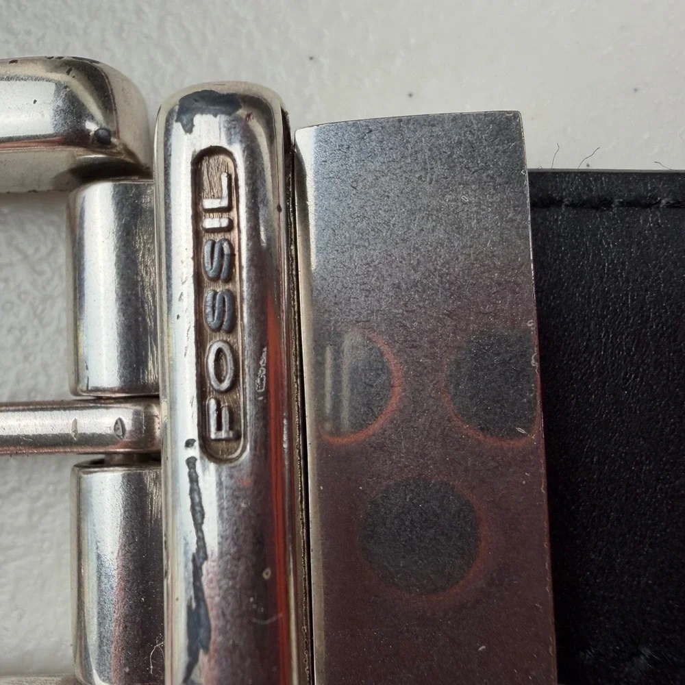 Fossil Mens Reversible Leather Belt Black Brown Silver Buckle Size 34-38‎